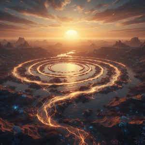 Surreal alien landscape with a glowing energy spiral leading toward a large setting sun.