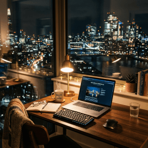 Workspace with laptop, notebook, mug, lamp, and city skyline through window at night.