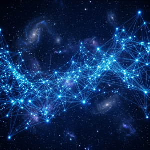 Blue glowing network of interconnected points over a starry space background with galaxies