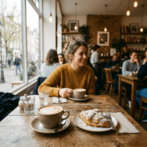 Woman sitting at rustic wooden table in café with coffee and almond croissant