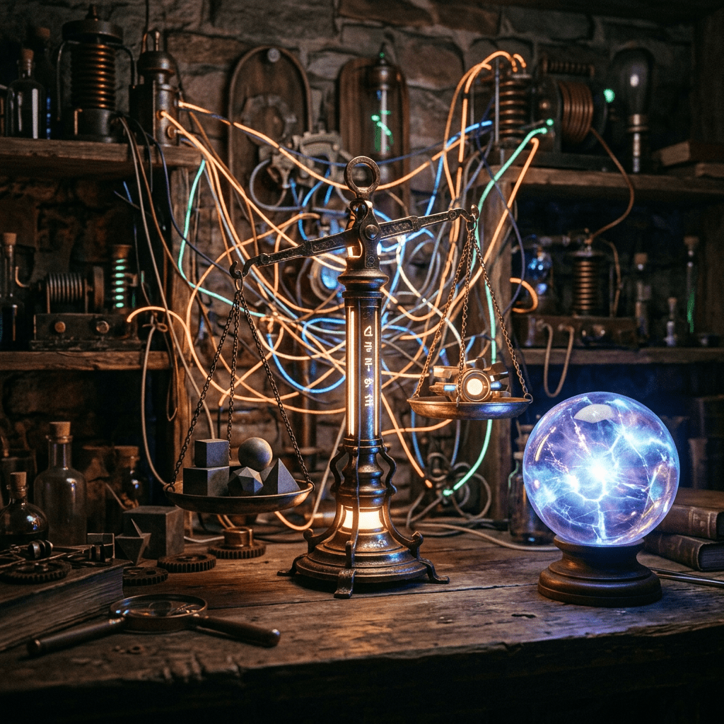 Steampunk workshop with brass scale balancing geometric shapes and glowing orb